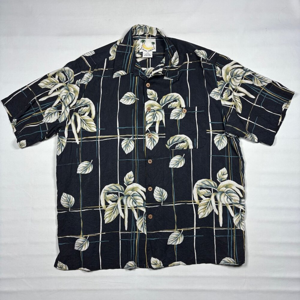 Banana Cabana Mens L Black 100% Silk Hawaiian Aloha Camp Button Front Shirt